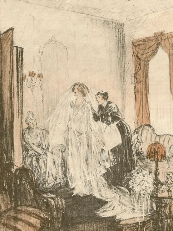 drawing of two women dressed in wedding attire