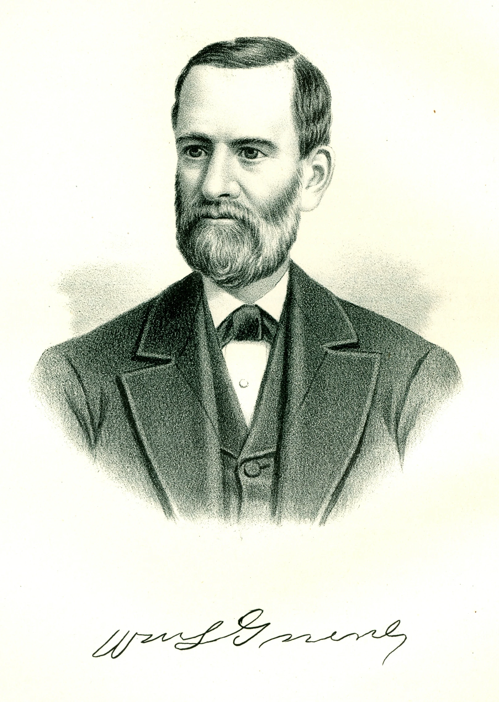 an engraved drawing of a man in a suit and tie