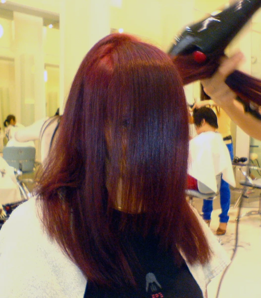a woman gets her hair styled by a professional blow dryer