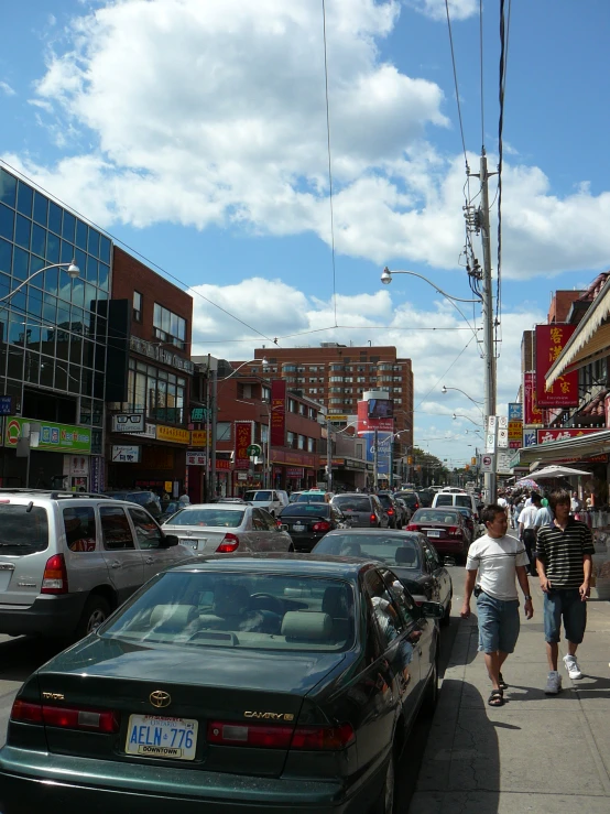 a busy city street with cars and people walking