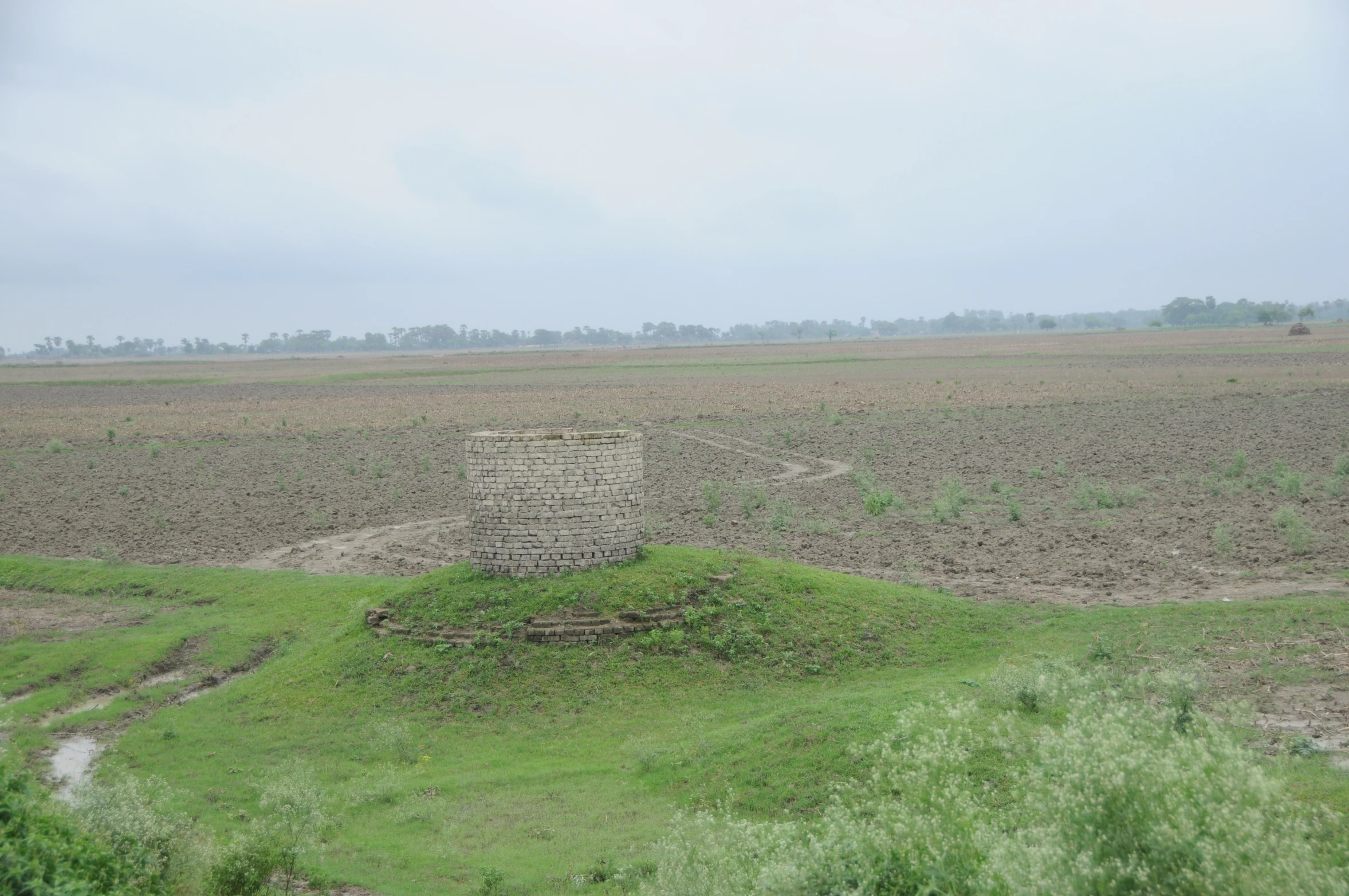 there is a small tower in the middle of the field