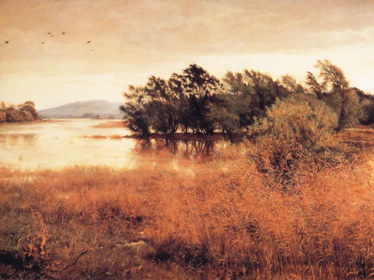 an oil painting of an empty river surrounded by trees