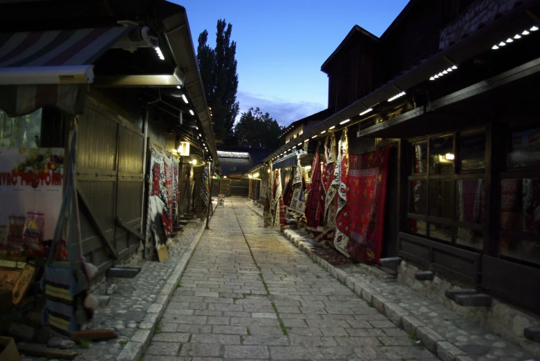 a city street with many red items all around