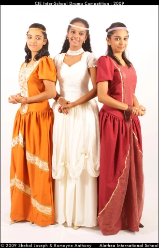 three beautiful women in dresses posing for a po
