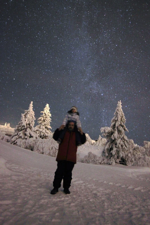 a person standing in a snow field while the stars are above