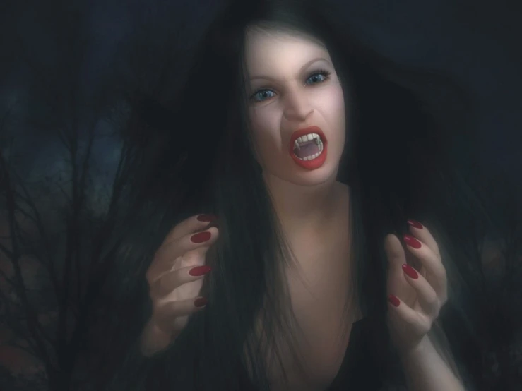 a woman with long hair and red nails standing in the dark