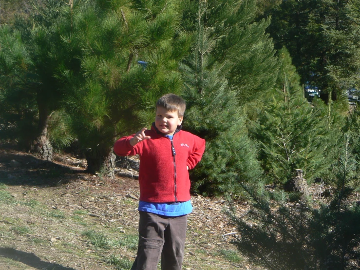 a small boy stands near some trees and holds his thumb up
