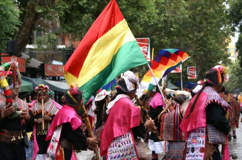 the people wearing elaborate costumes are holding flags