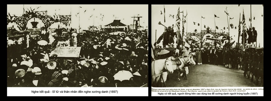 the front and back of an asian po, with two pictures of people holding flags