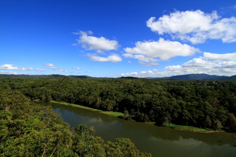 water and trees are seen from the hill above