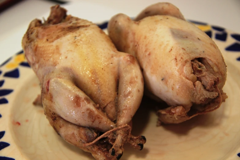 two uncooked chickenes sit on a plate