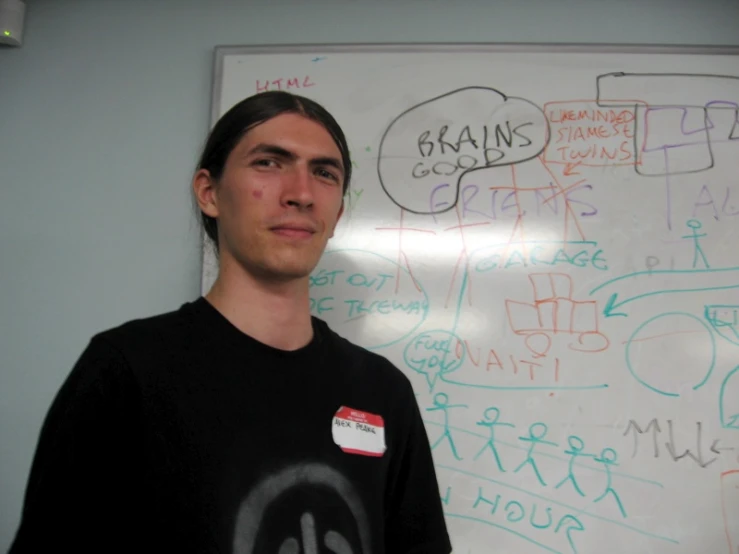 a young man is standing near a white board