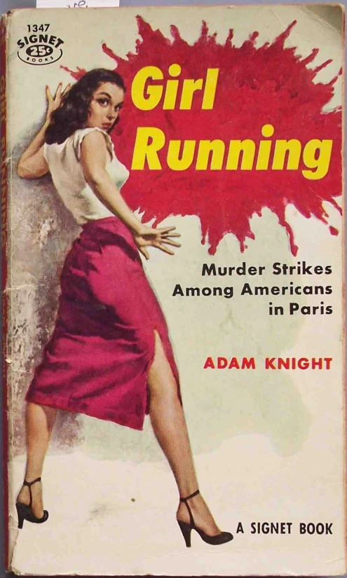 the cover of girl running a novel in which an image of a woman with a red background