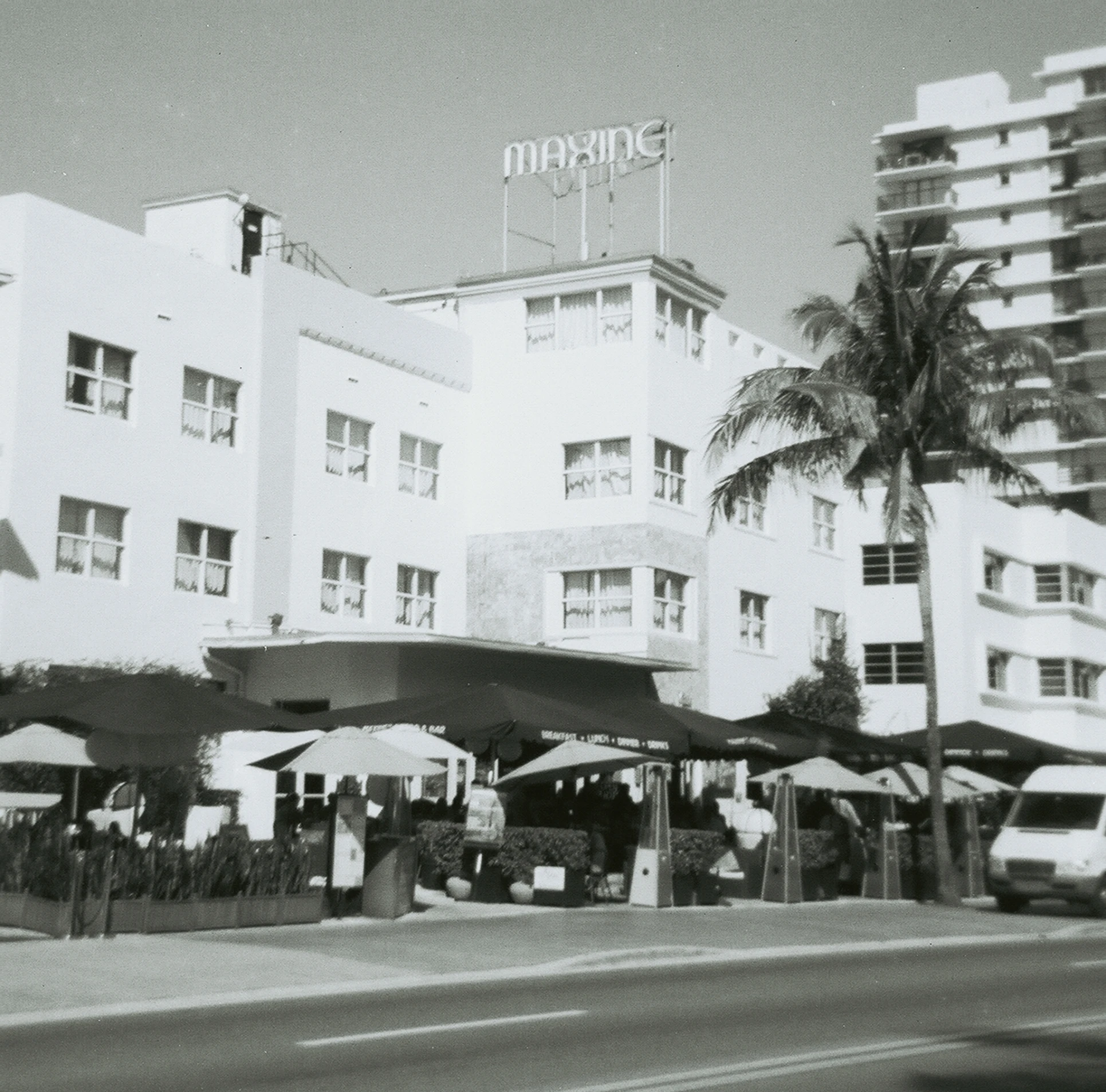 black and white po of a city street in miami