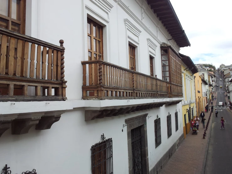 the balconys are lined with wooden balconies