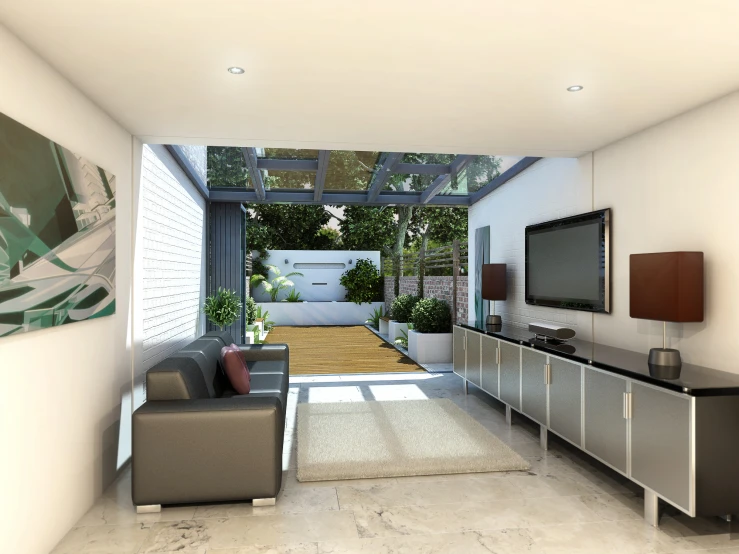 modern living room with outdoor patio in white color