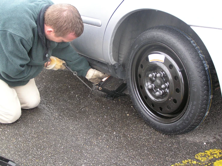 man working on the tire of his car