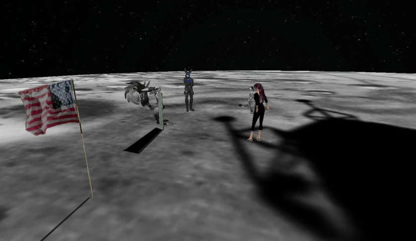 three flags are on the moon, but one person is silhouetted in the dark