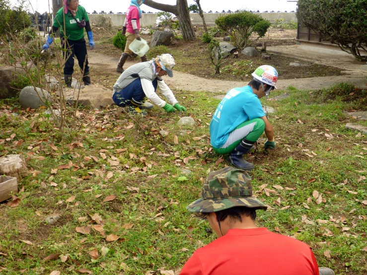 people digging in the grass at an animal park