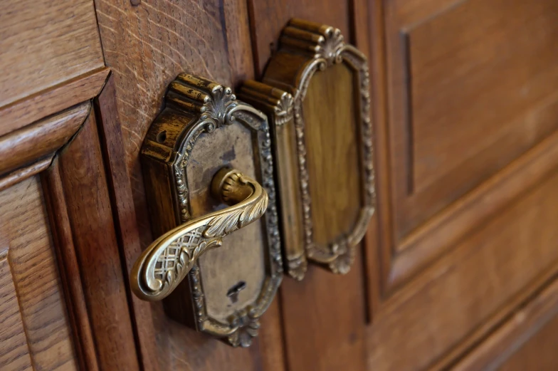 two gold doors with handle on top and handle latch