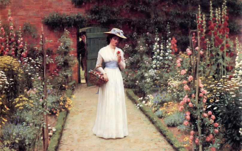 a woman walking through a garden in white clothing