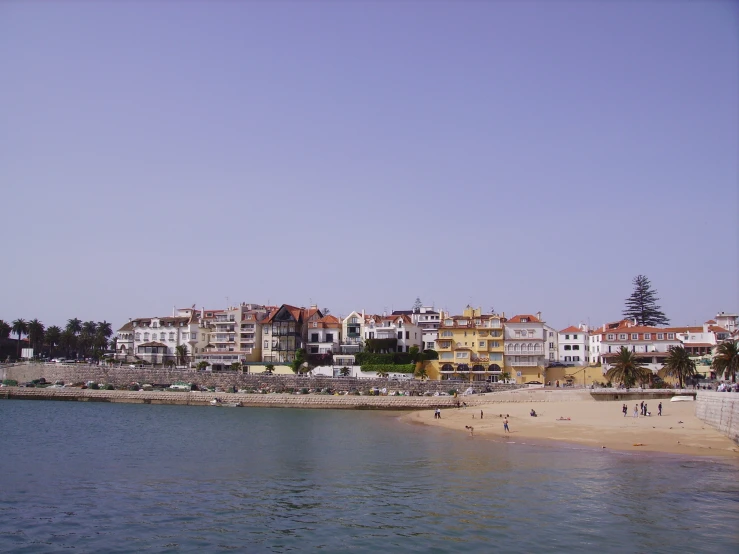 a city by the water's edge is in the foreground, with a white sand beach and trees