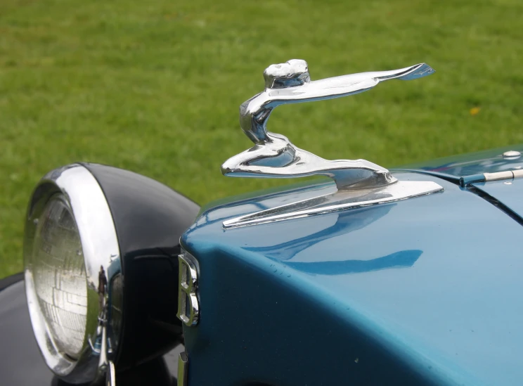 a classic car on grass with a small chrome hood ornament