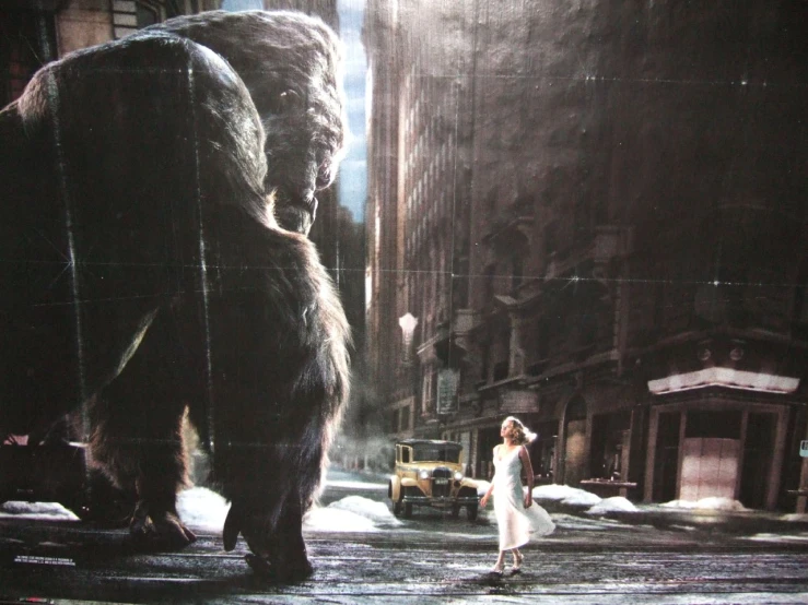 a painting of a gorilla being chased by a woman on a city street