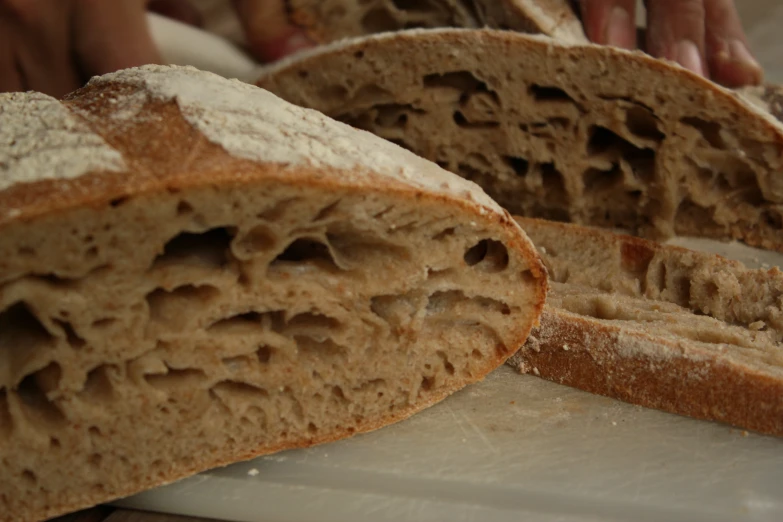 the inside of a loaf of bread on a counter