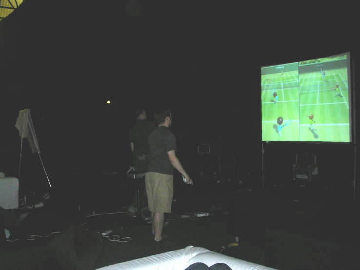 people stand on the dark stage playing a video game