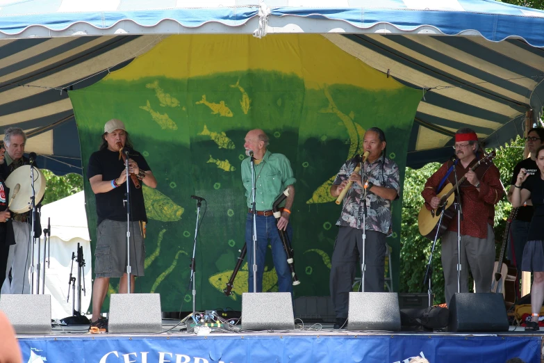 the musicians perform for a crowd of people