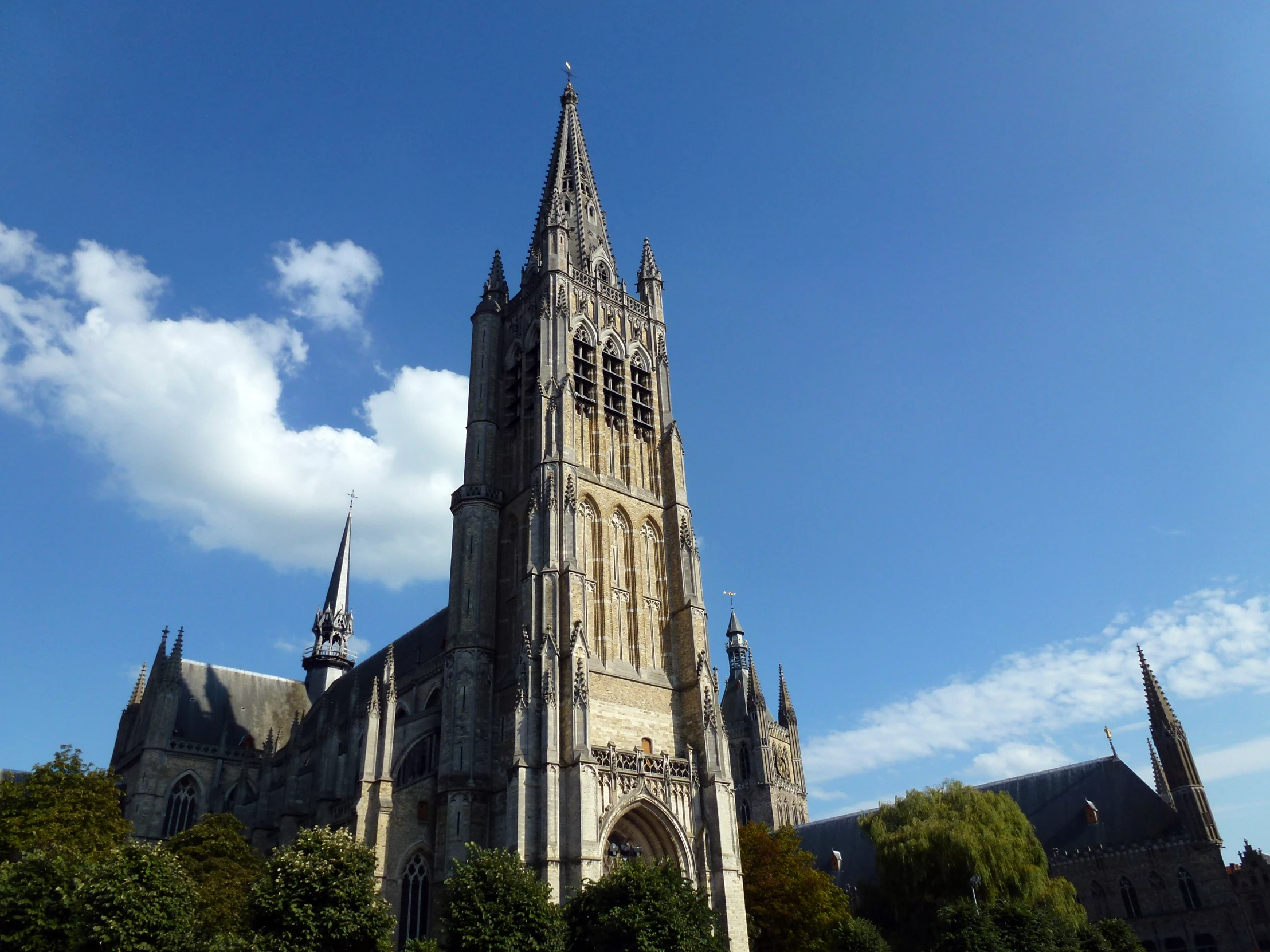 the view of a cathedral and trees against a blue sky