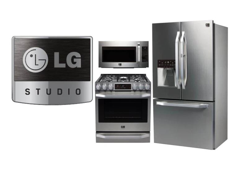 a picture of the lg electronics logo, refrigerator, microwave, stove, and freezer