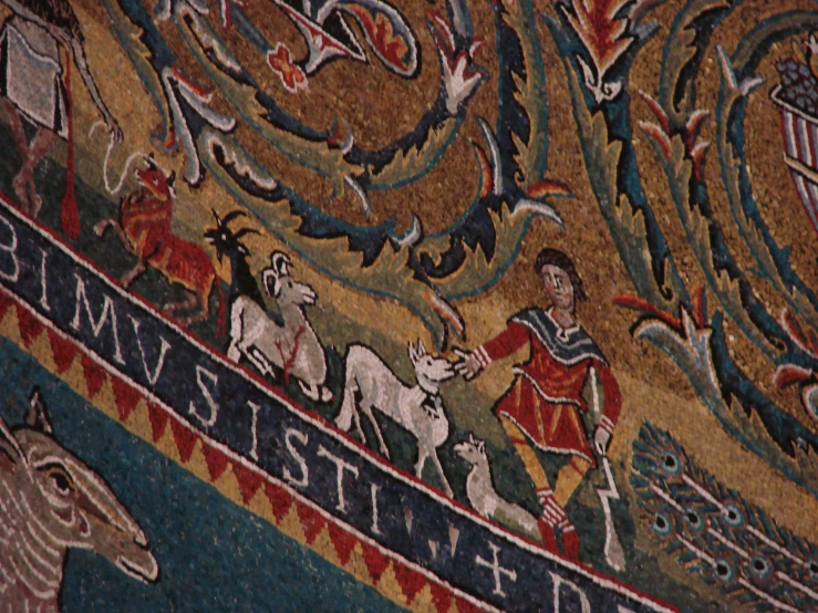 an ornate scene with some animals running around