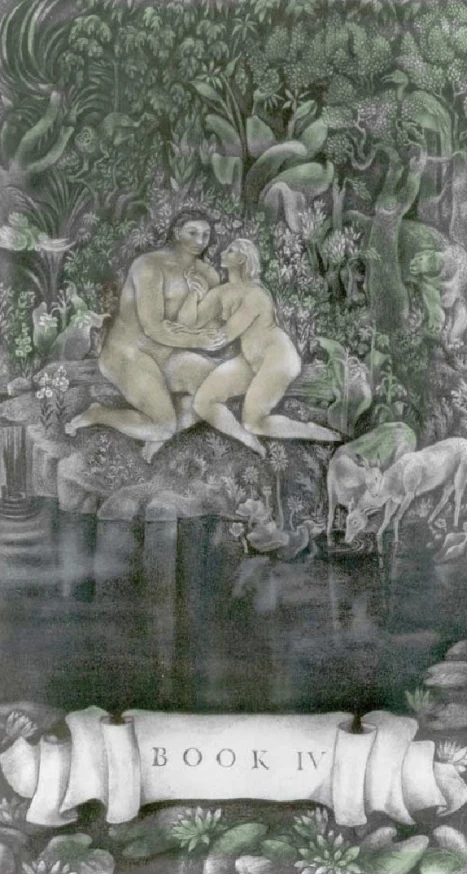 a drawing of two  people sitting on a stone
