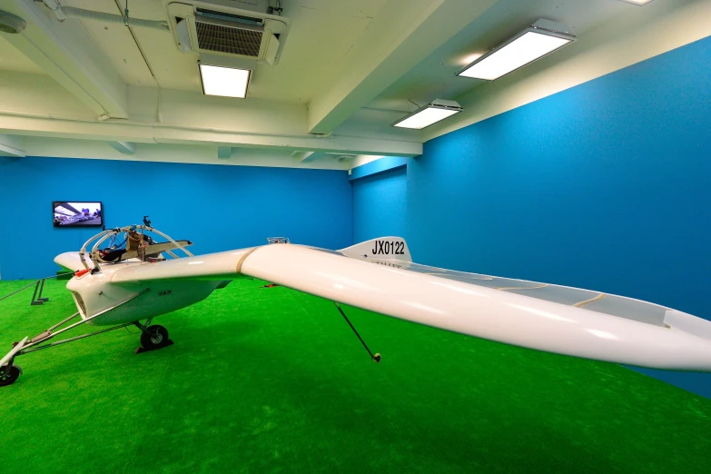 an airplane is on display in a green room