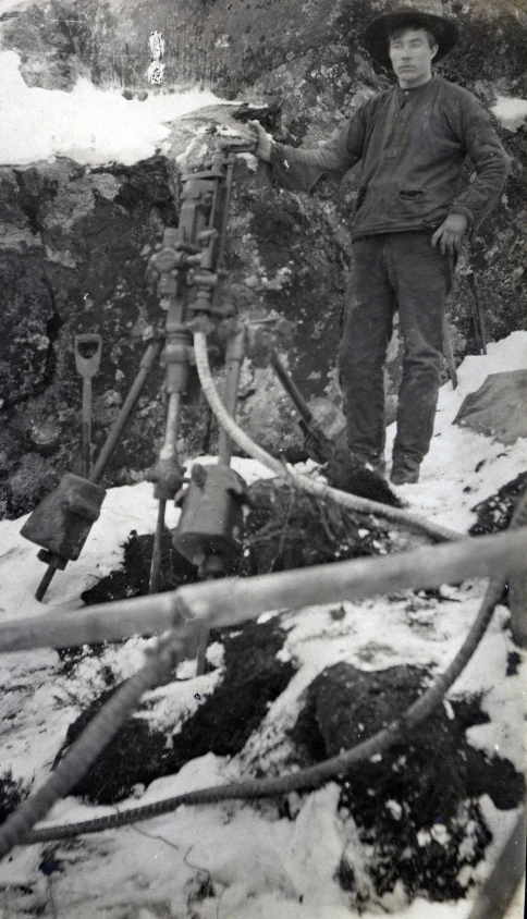 a man in an old po with several fire hydrants