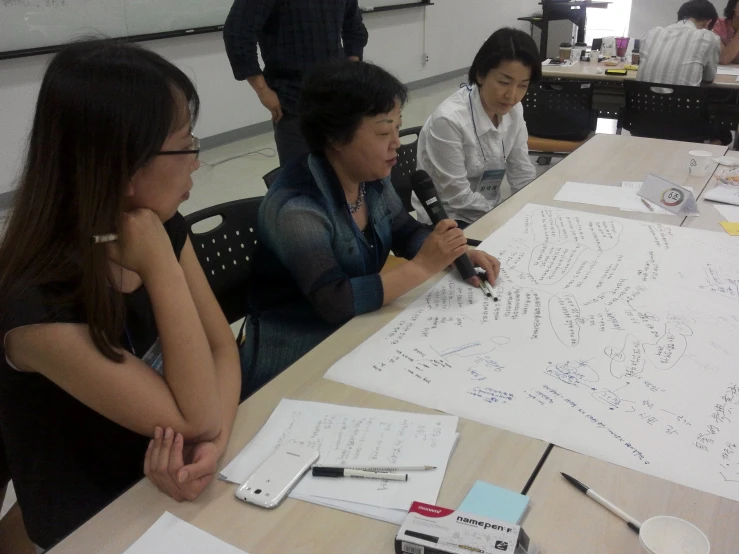 a group of people sitting around a table with papers