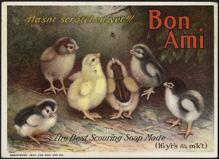a label advertising a film featuring five penguins