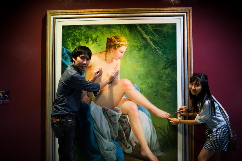 the painting of a young woman poses next to two people