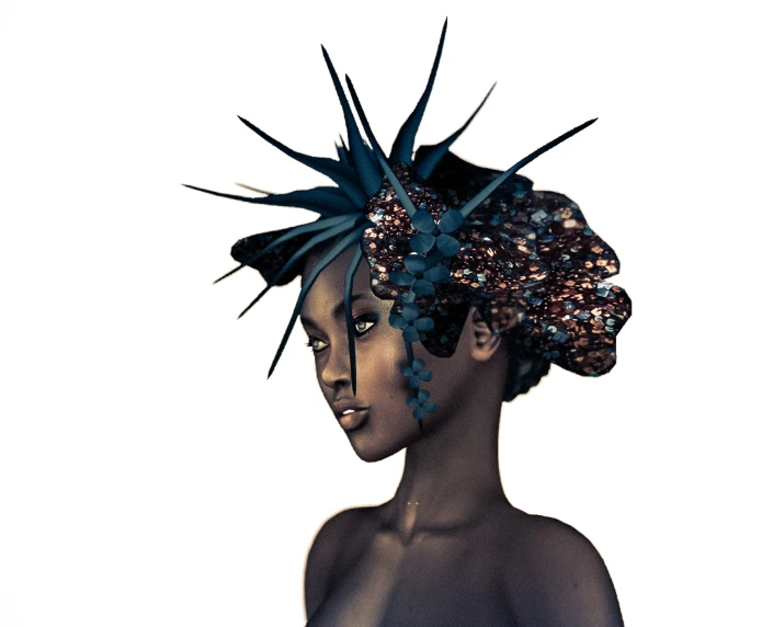 a digital artwork with a woman's head covered in black and blue hair