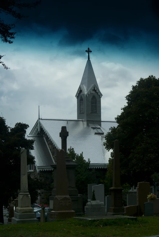 this is an image of a graveyard under a stormy sky