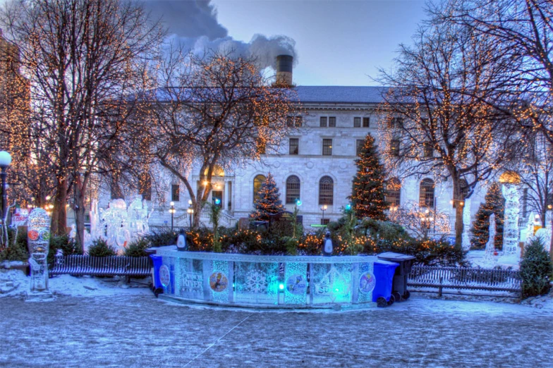 the building is decorated in blue and gold