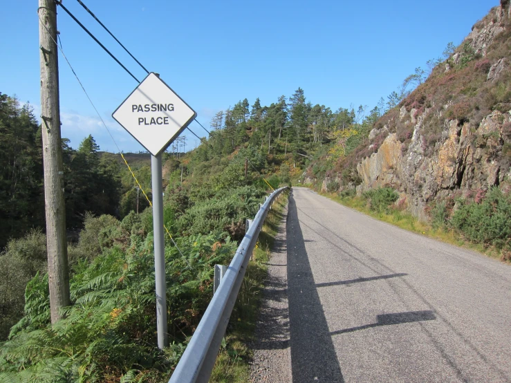 a sign saying passing place with mountains and trees behind it