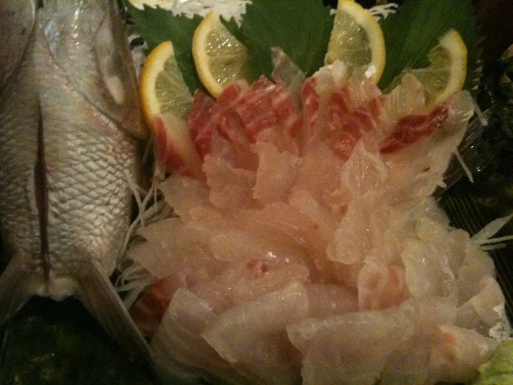 some fish and two slices of lemon sitting on top of rice