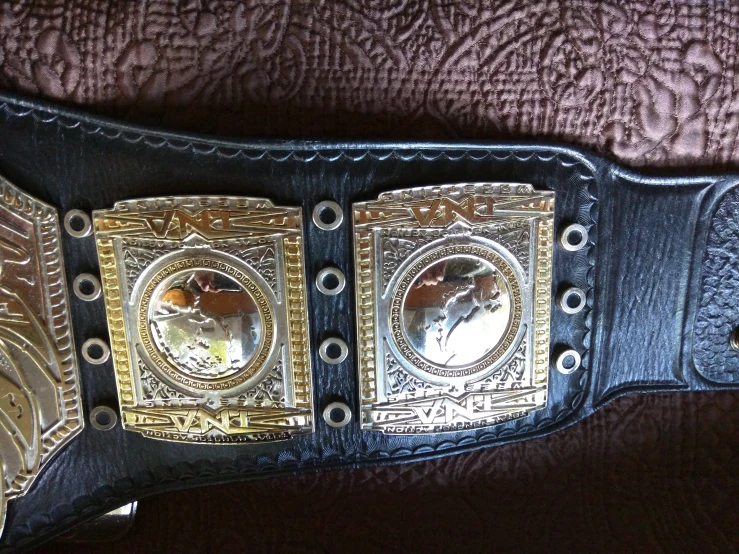 a black leather belt with some gold buckles