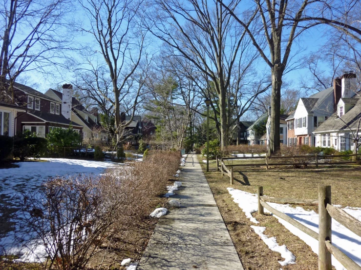 a row of houses next to the sidewalk covered in snow