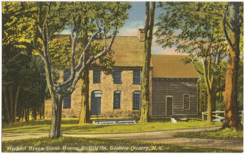 a painting of a house and trees