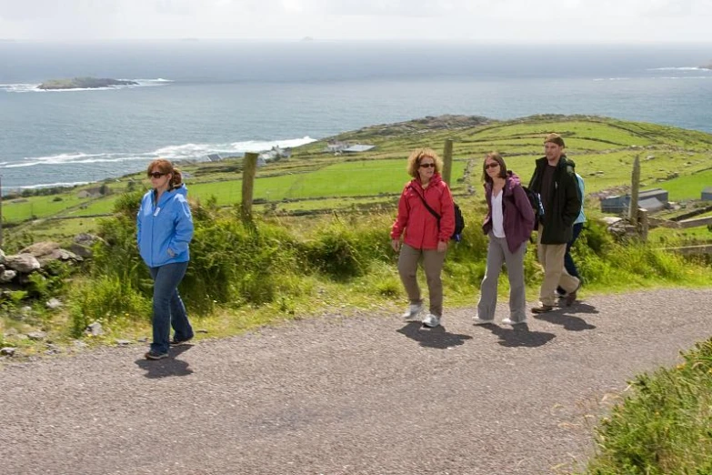 five people are walking on the path in the field