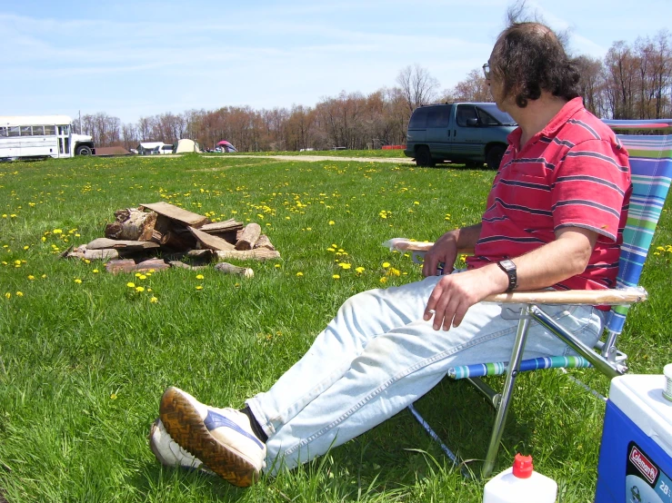 a man sitting in a chair in the grass